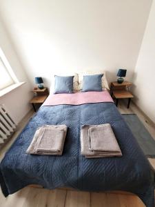 扎布热Apartament Ślęczka的一间卧室配有一张床,上面有两条毛巾