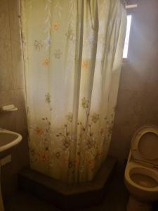 卡扬贝Hospedaje San Fernando的浴室配有带卫生间的淋浴帘