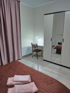 奇姆肯特2 комнатная Нурсат ЖК Алтын Шанырак的一间卧室配有一张带镜子和椅子的床