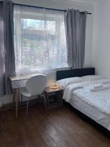 霍利N 25的一间卧室配有一张床、一张书桌和一个窗户。