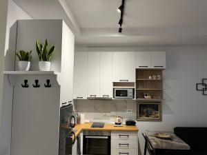地拉那Comfy Nest Apartment- free parking的厨房配有白色橱柜和木制台面