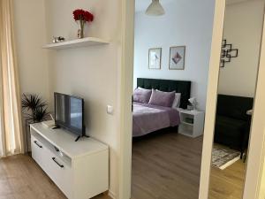地拉那Comfy Nest Apartment- free parking的一间卧室配有一张床,梳妆台上配有电视