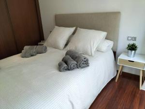 里贝拉Precioso apartamento renovado的一张带三个枕头的白色床