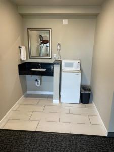 尤金Royal Inn Eugene- Airport的一间带水槽和微波炉的小浴室