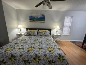 巴拿马城海滩Beautiful House Sleeps 12 - Hot Tub - Walk to Beach的一间卧室配有一张床和两个带灯的床头柜