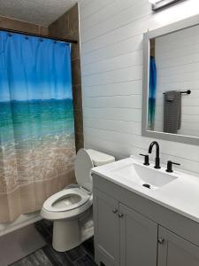巴拿马城海滩Beautiful House Sleeps 12 - Hot Tub - Walk to Beach的一间带卫生间、水槽和窗户的浴室