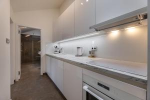 布拉格Luxurious, charming studio perfect for couples的厨房配有白色橱柜和台面