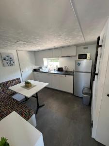 耶泽拉DM mobile home的一间带桌子和白色冰箱的小厨房