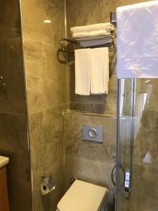 艾瓦勒克Carpe Diem Hotel的带淋浴、卫生间和毛巾的浴室