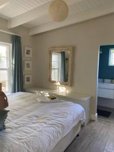 开普敦Gorgeous, private cottage in prestigious Newlands.的卧室配有一张白色大床和镜子