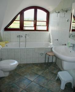 奥斯赛拜-塞林Ferienhaus unterm Reetdach的带浴缸、卫生间和盥洗盆的浴室