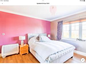科尔温湾The Kings Suite Oak Drive, Colwyn Bay LL29 7YP FIRST FLOOR的卧室设有粉红色的墙壁、一张床和窗户