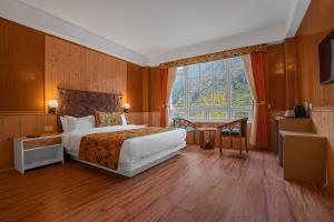 拉亨Summit Gangchen Hotel的酒店客房设有床和窗户。