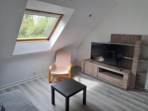 拉尼翁Appartements Lannion proche centre, Côtes de Granit Rose的客厅配有椅子和电视