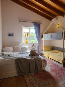 阿尔热祖尔Casa Ensolarada B&B and Pottery的一间卧室设有两张床和窗户。