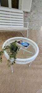 Giano VetustoJanus Casa nel Verde - Relax Pool & Spa的上面有一本书的白色长凳