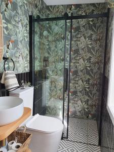 下哈特Tiny house with greenhouse dining的带淋浴、卫生间和盥洗盆的浴室