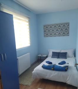 VrnjciSobe Milica Vrnjacka Banja的蓝色卧室,配有带2条蓝色毛巾的床