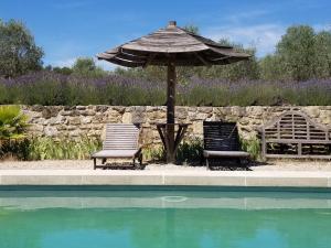 佩尔蒂Domaine du Coffre的游泳池旁的两把椅子和一把遮阳伞