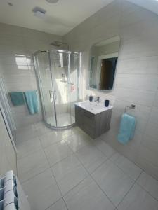 利斯坎诺Castle View Rooms的带淋浴和盥洗盆的白色浴室