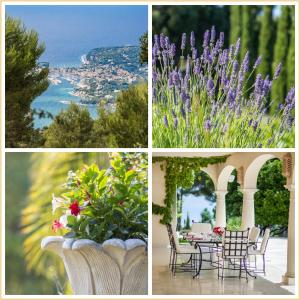 艾日The Unique Villa with Magnificent sea view的一张带鲜花和桌椅的照片