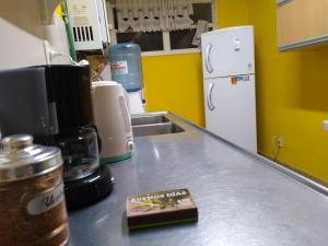 里奥加耶戈斯Departamento del Centro - con escaleras的厨房配有带水槽的柜台和冰箱。