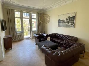 莱比锡Ruhige&charmante Altbauwohnung的客厅配有两张真皮沙发和一台电视机