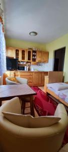 奥什恰德尼察玛克姆民宿的一间带桌子的客厅和一间厨房