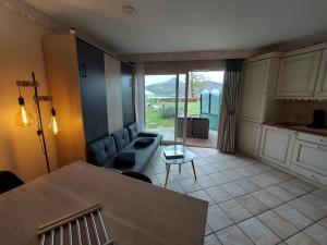 杜约特Rare : au bord du lac d’Annecy, cosy appartement en rez de jardin avec terrasse privative的客厅配有桌子和沙发