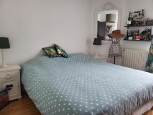 勒芒Maison de ville的一间卧室配有一张带蓝色棉被的床