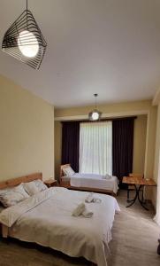 马尔特维利Hotel Canionel的酒店客房设有两张床和窗户。