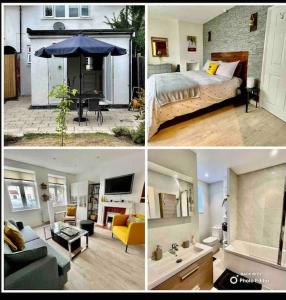 ByfleetEntire 3 Bed House Weybridge Brooklands, London的一间卧室和一间客厅的三幅照片