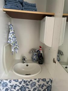 波尔沃Villa Aronia的一间带水槽和架子毛巾的浴室