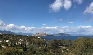 爱琴娜岛serenity villa Aegina fantastic view near the beach的享有大海和树木繁茂的城镇的景致。