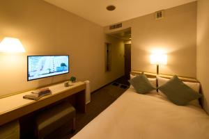 町田市町田市利索尔酒店的酒店客房设有一张带书桌的床和一台电视。