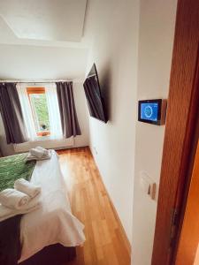 霍茨科波霍尔耶Apartma Pohorske terase Brumen Mariborsko Pohorje的卧室配有一张床,墙上配有电视。