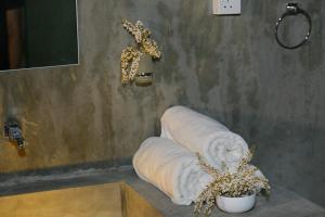 蒂瑟默哈拉默Yala Wild Hut - Yala的浴室提供毛巾和植物