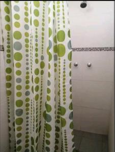 普诺Hospedaje Sumita Wasi的浴室设有绿色和白色的淋浴窗帘