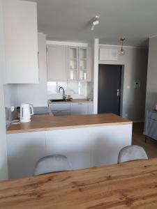 波兹南Apartament Wyłom 8的厨房配有白色橱柜和木制台面