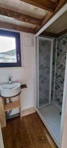 热拉梅Camping Les Granges Bas - Mobilhomes - Tiny House的一间带水槽和淋浴的小浴室