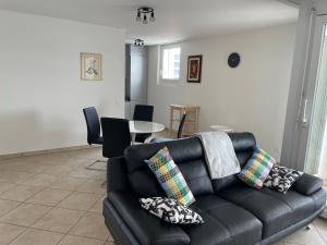 洛迦诺Appartamento 464 nel CUORE di Locarno con piscina的客厅配有带枕头的黑色真皮沙发