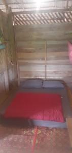 Ban KiangtatTad Lo - FANDEE ISLAND - Mountain House - Bolaven Loop Pakse的一间小房间,里面设有红色的床