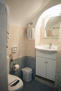 KalamotiYi artistry 1-bedroom medieval holiday house的一间带水槽、卫生间和镜子的浴室