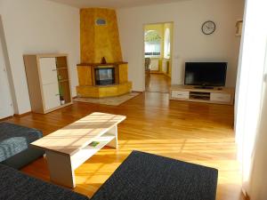 Rekreační chalupa Ivon的客厅铺有木地板,设有壁炉。