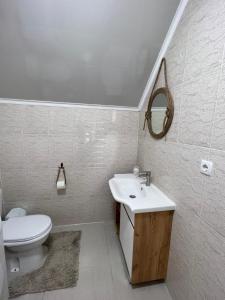乔尔蓬阿塔Коттедж на берегу Иссык-Куля的一间带水槽、卫生间和镜子的浴室