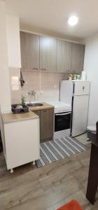 雅戈丁那Apartman MAŠA的厨房配有白色家电和木制橱柜