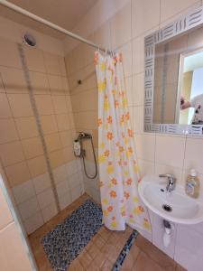 SturmaiAdeles sodyba的浴室配有淋浴帘和盥洗盆。