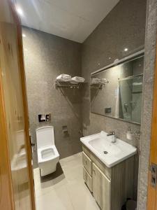 德拉敦The Cocoon的一间带水槽、卫生间和镜子的浴室