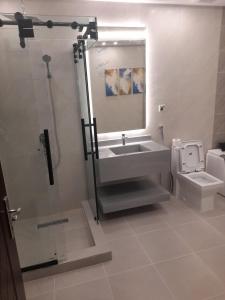 吉赞Aseel Hotel Apartment的一间带水槽、卫生间和镜子的浴室