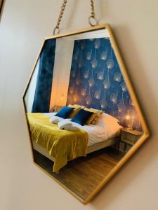 Chaumes-en-BrieLa Maison d'Emilie - Chambres d'hôtes的镜子反射着房间里的床